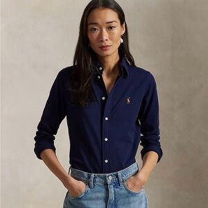 Ralph Lauren Dark Navy knit Oxford Button-Front Shirt with Pony Logo